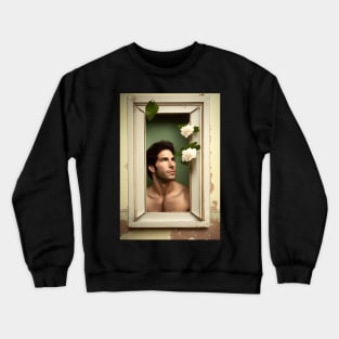 Solitude and Melancholy: Portrait of an Enigmatic Man Framed by White Roses Crewneck Sweatshirt